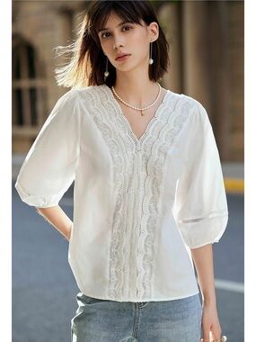 Lily White V-Neck Lace Trim Puff Sleeve Blouse